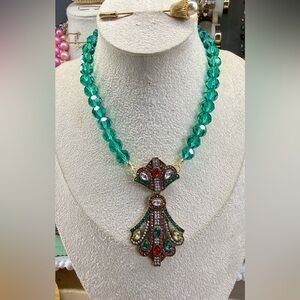 Elegant Teal Glass Faceted with Gold Rhinestone pendant Statement Necklace